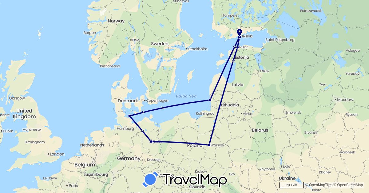 TravelMap itinerary: driving in Germany, Estonia, Finland, Lithuania, Poland (Europe)